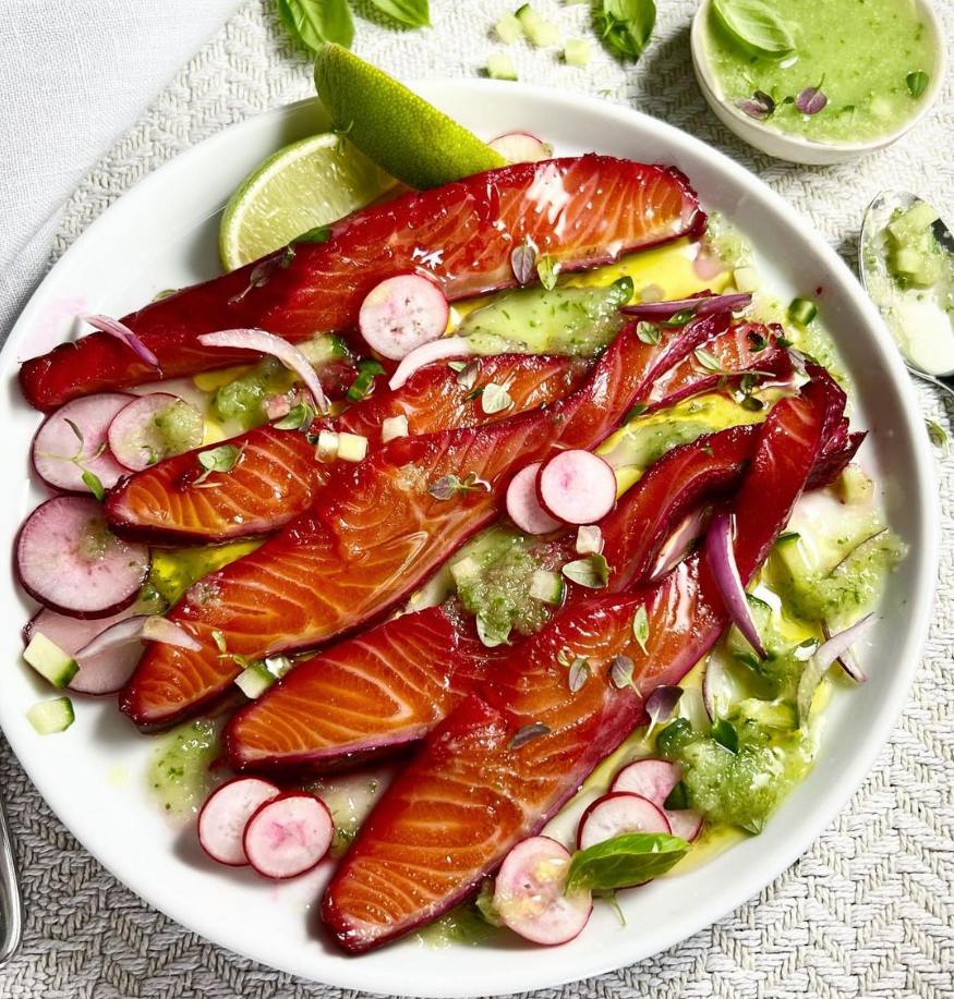 BEETROOT CURED TROUT, CUCUMBER AND APPLE DRESSING