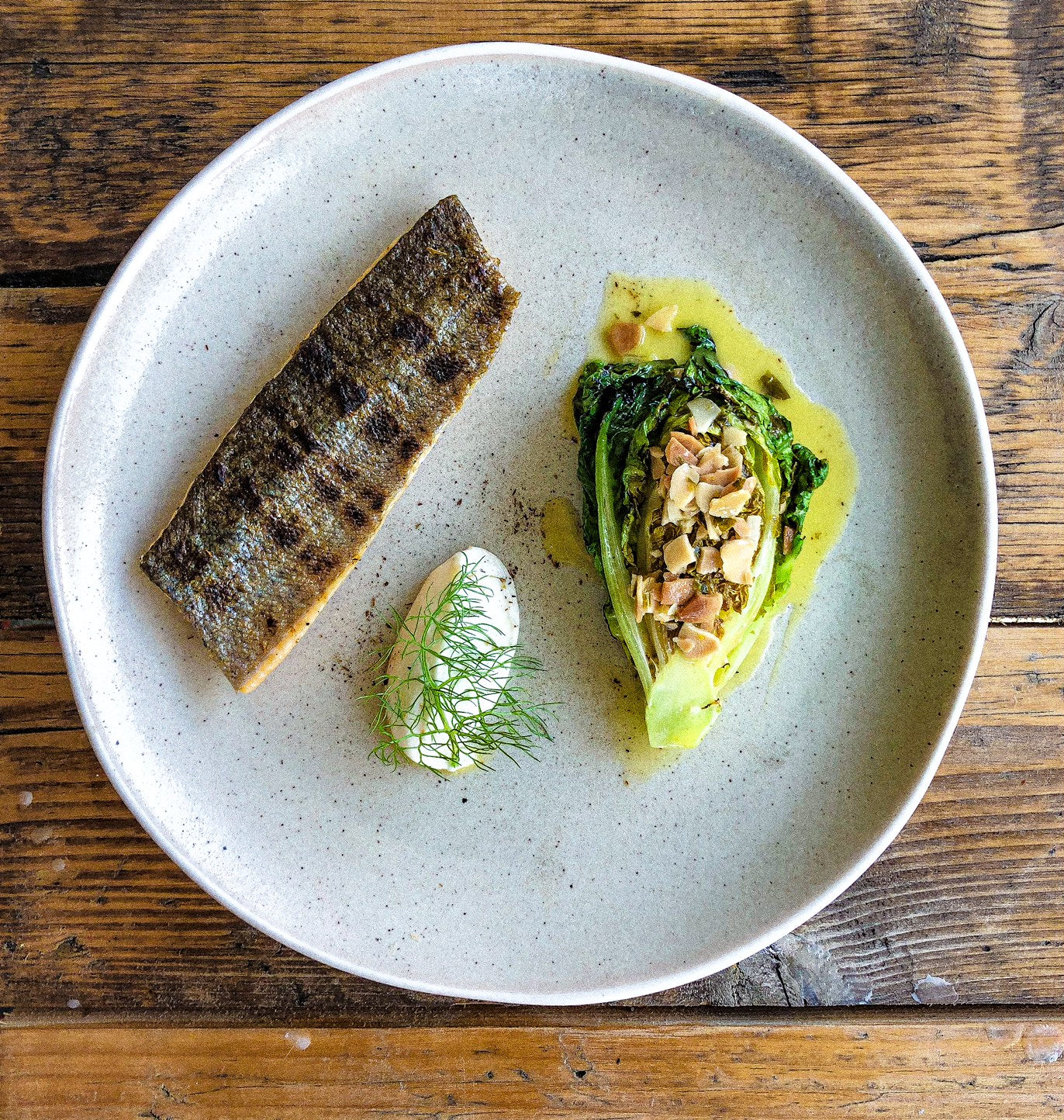 Grilled ChalkStream trout, baby gem lettuce and fennel pollen mayonnai