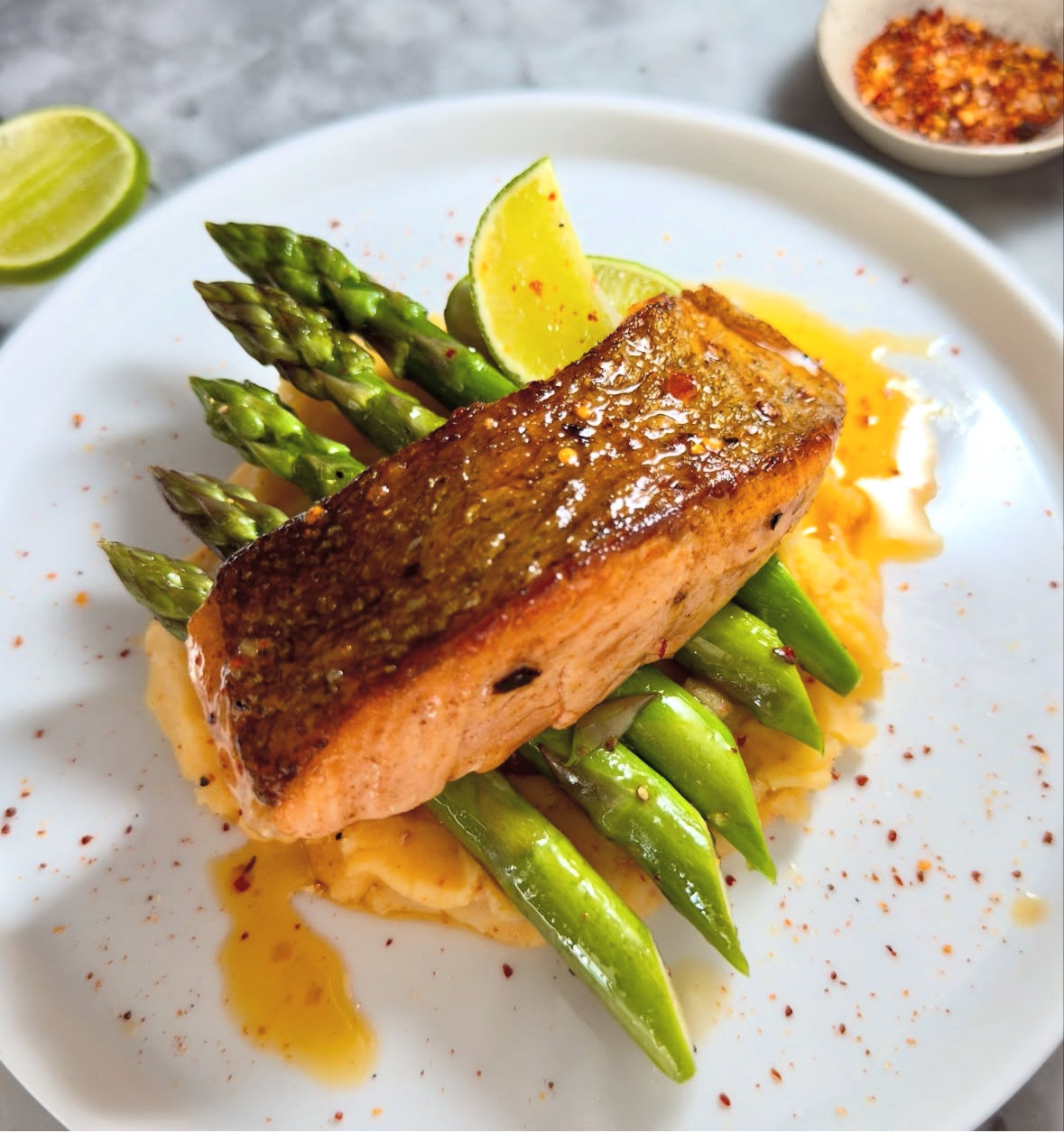 Pan Fried Trout, Asparagus and Kimchi Mash