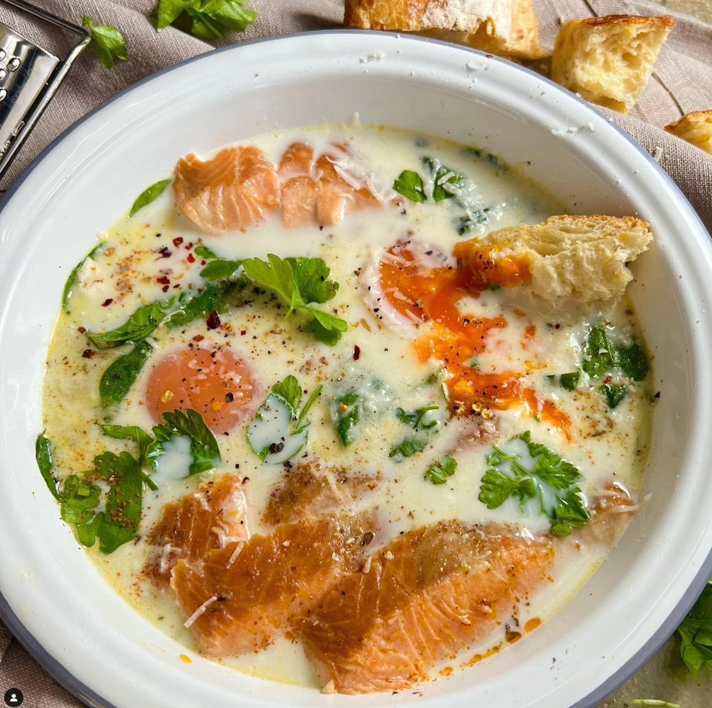 Hot Smoked Trout, Creamy “Per Lâs” Poached Eggs and Spinach