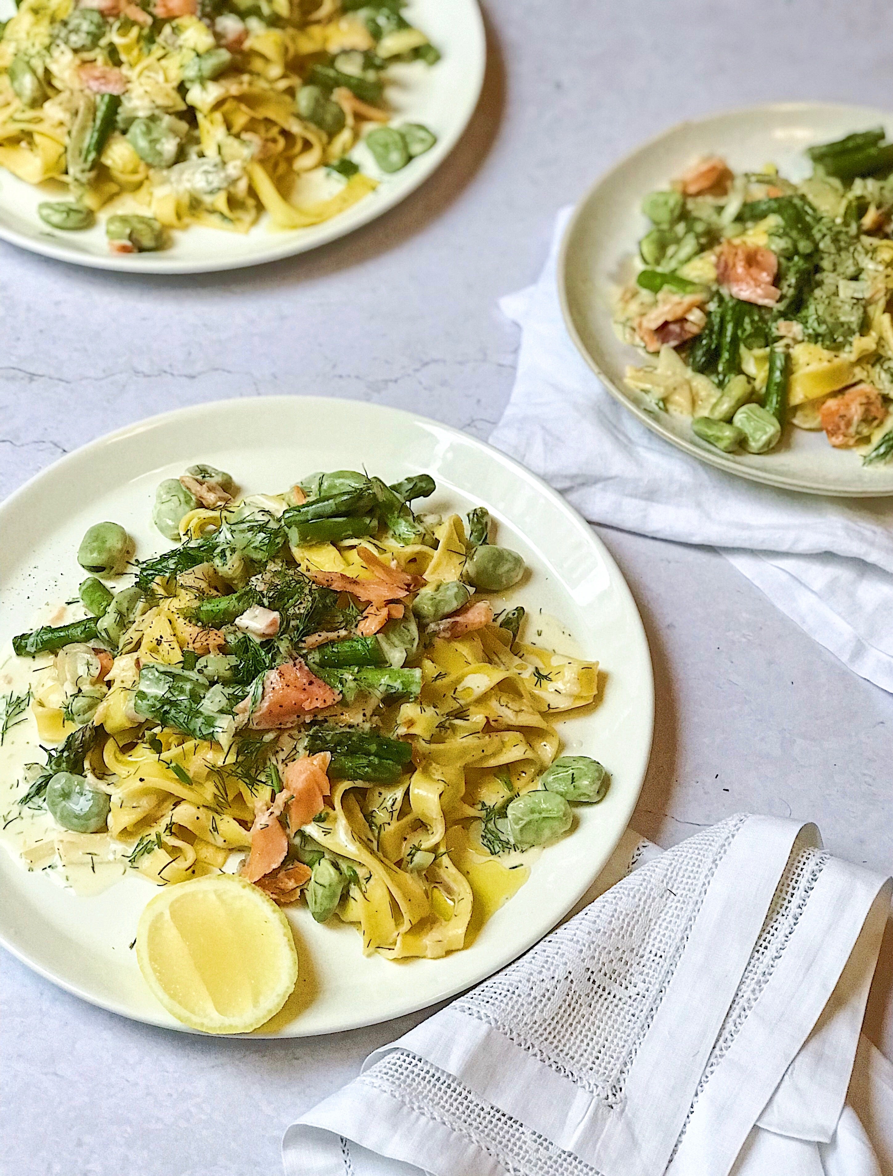 Hot smoked trout, asparagus and broad bean tagliatelle