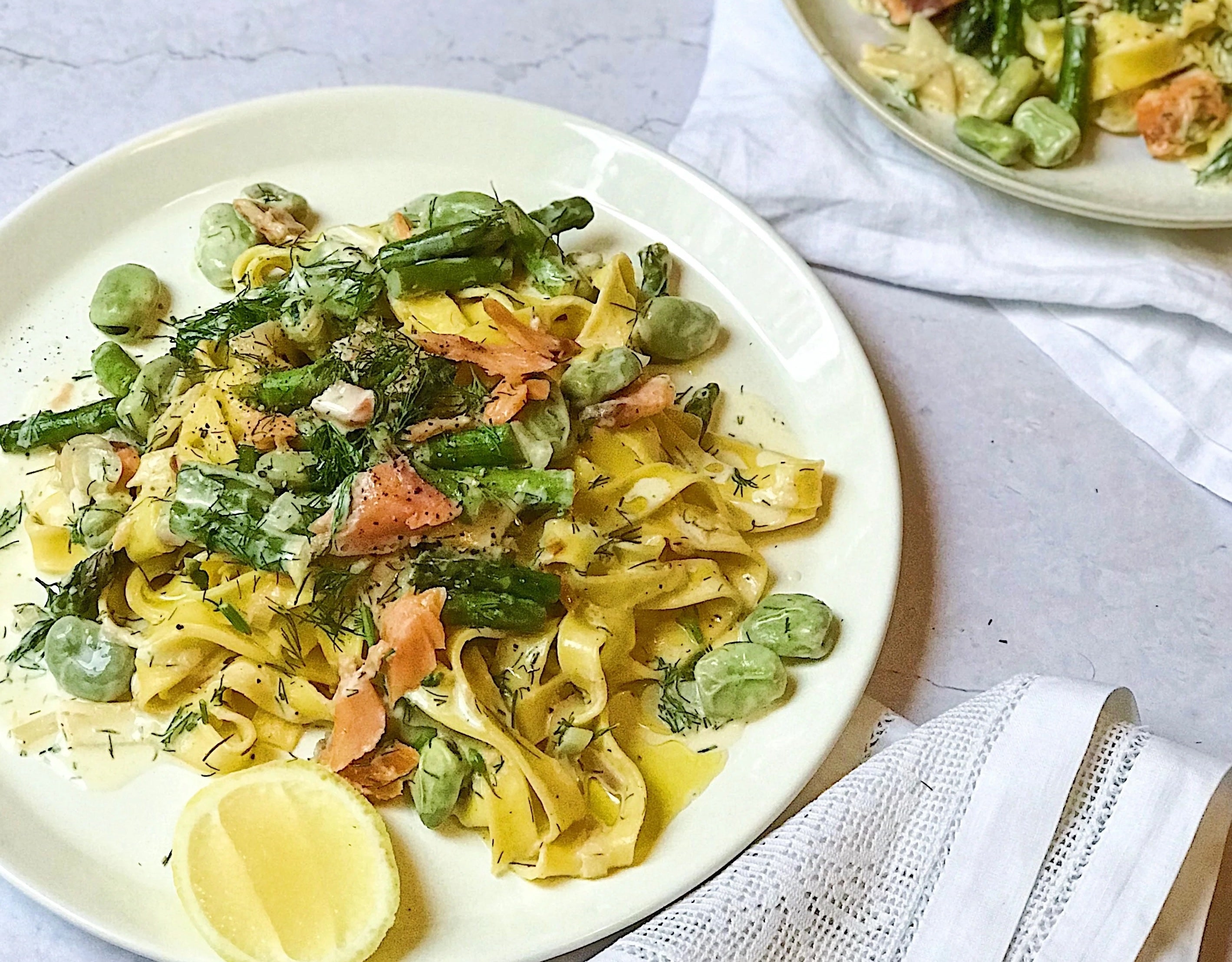 Hot smoked trout, asparagus and broad bean tagliatelle
