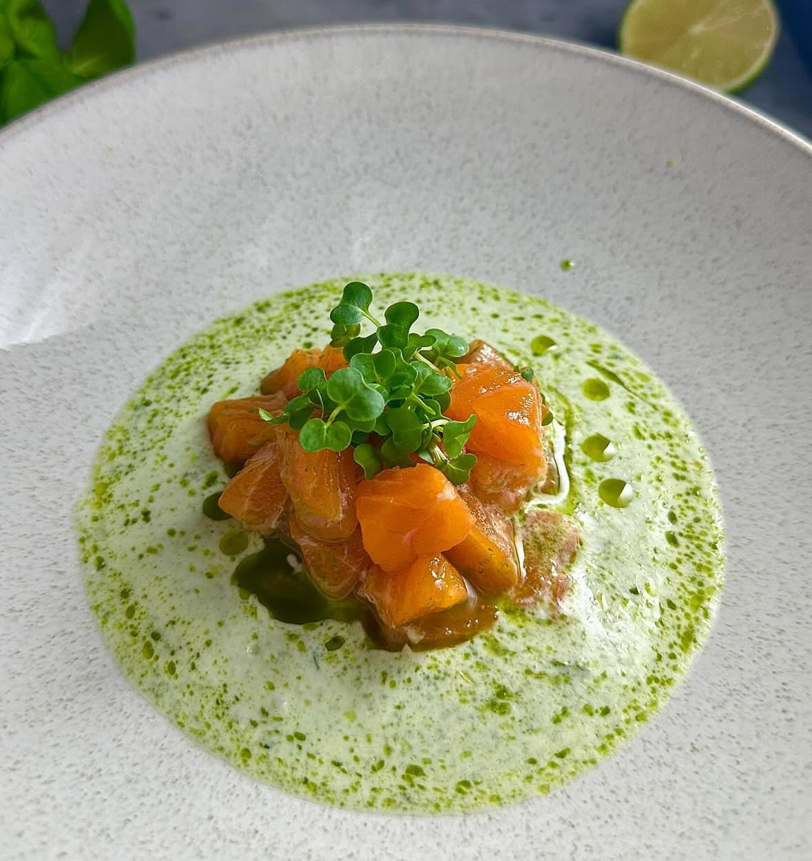 Trout Crudo with apple and cucumber sauce