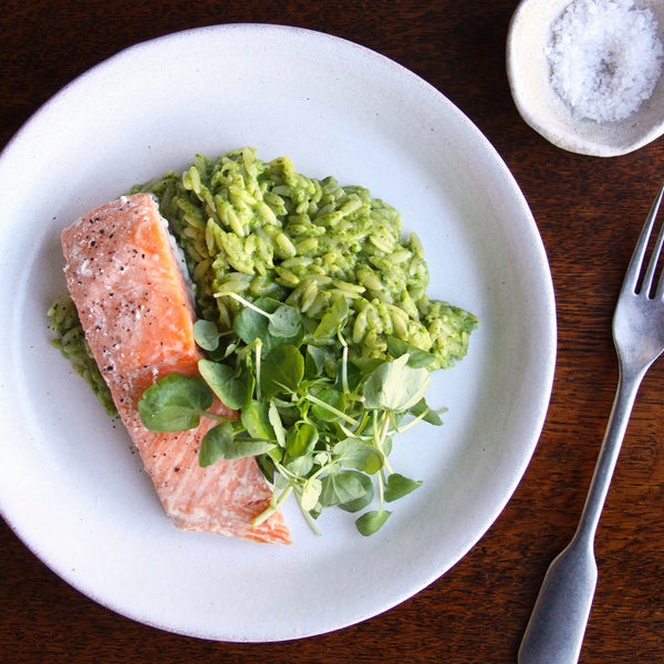 Baked Trout with Watercress and Lemon Orzo Risotto