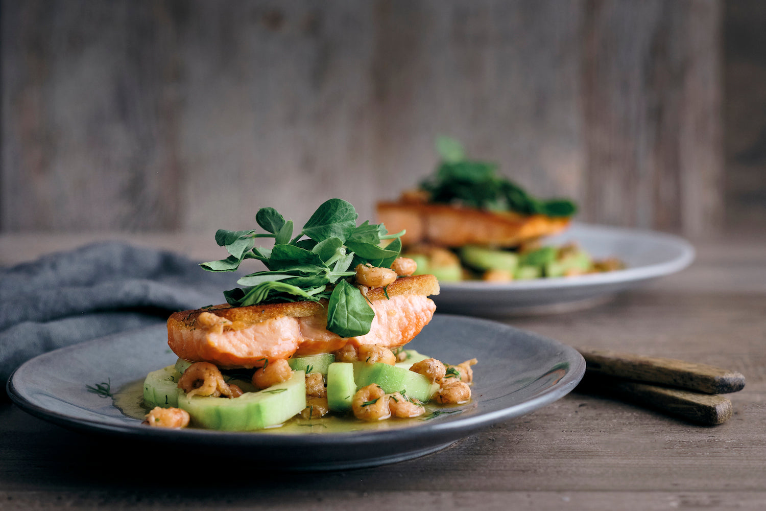 Crispy ChalkStream Trout with Potted Shrimps and Cucumber