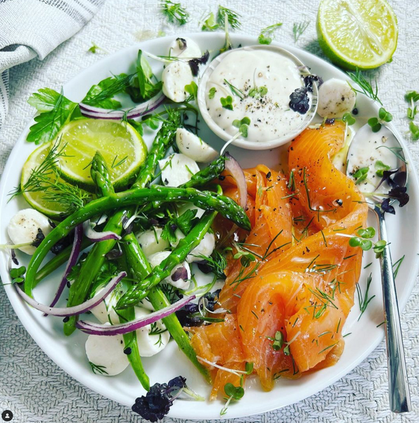 COLD SMOKED TROUT, ASPARAGUS AND MOZZARELLA SALAD