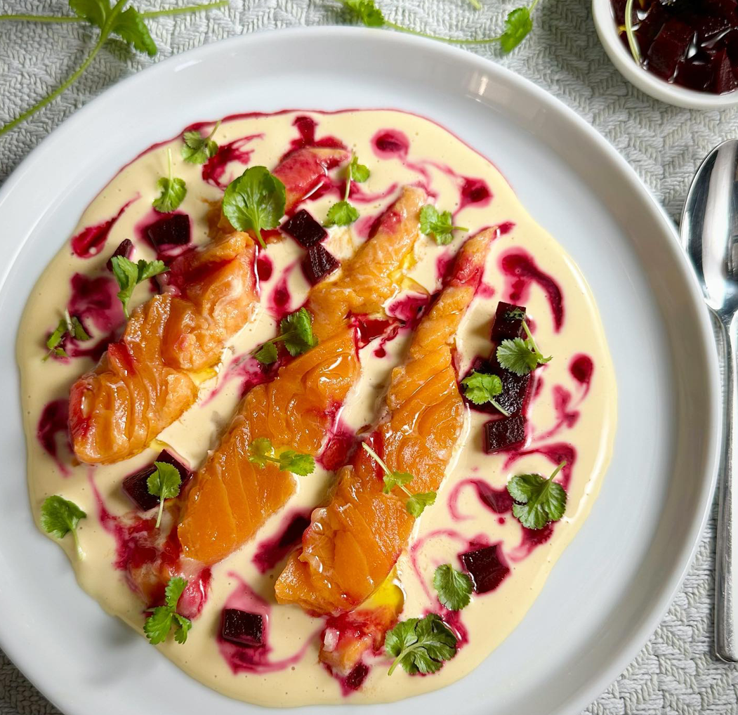 CONFIT OF TROUT, PICKLED BEETROOT, HOLLANDAISE SAUCE