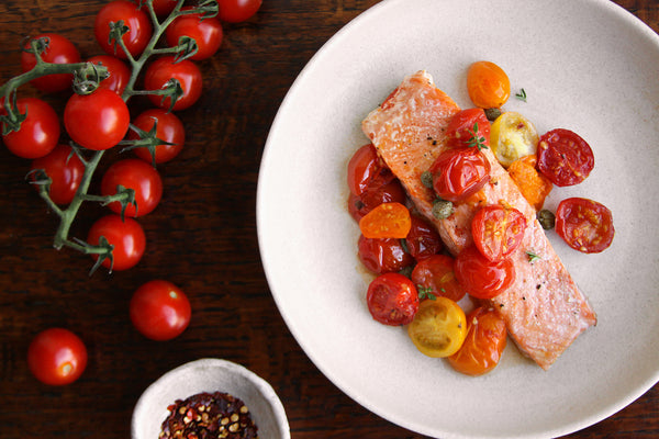 Baked ChalkStream® trout with heritage tomatoes