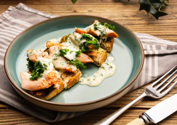 Buttery Hot Smoked Trout, Kale and Herb Bruschetta
